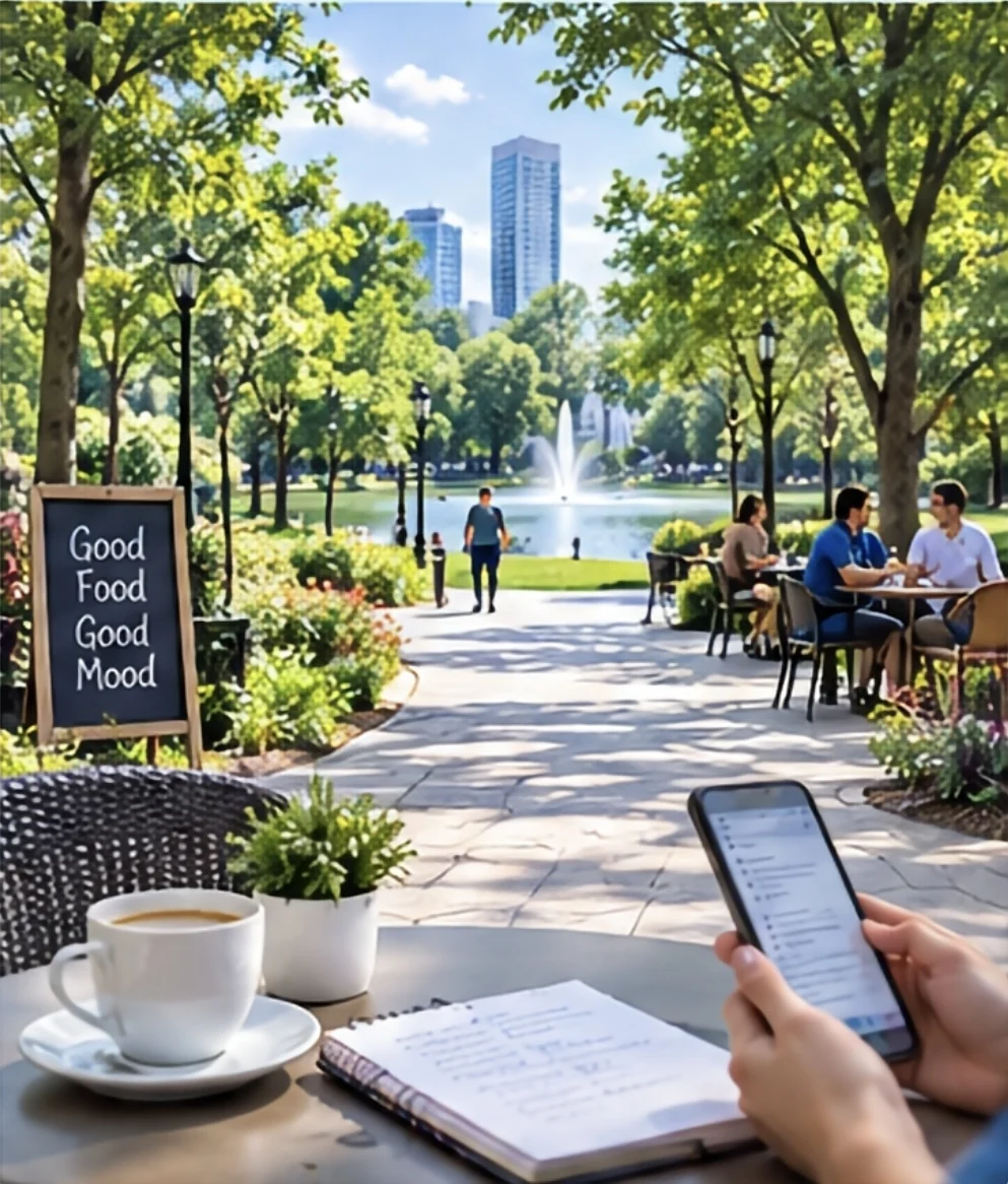 Vision simulation with an EDOF lens: the distance and the mid-range tables are sharp and the phone and notebook close up are largely readable