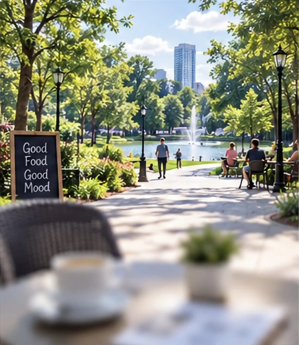 Vision simulation with a monofocal lens: the park, fountain and skyline in the distance are sharp while the cup and table in the foreground are blurred