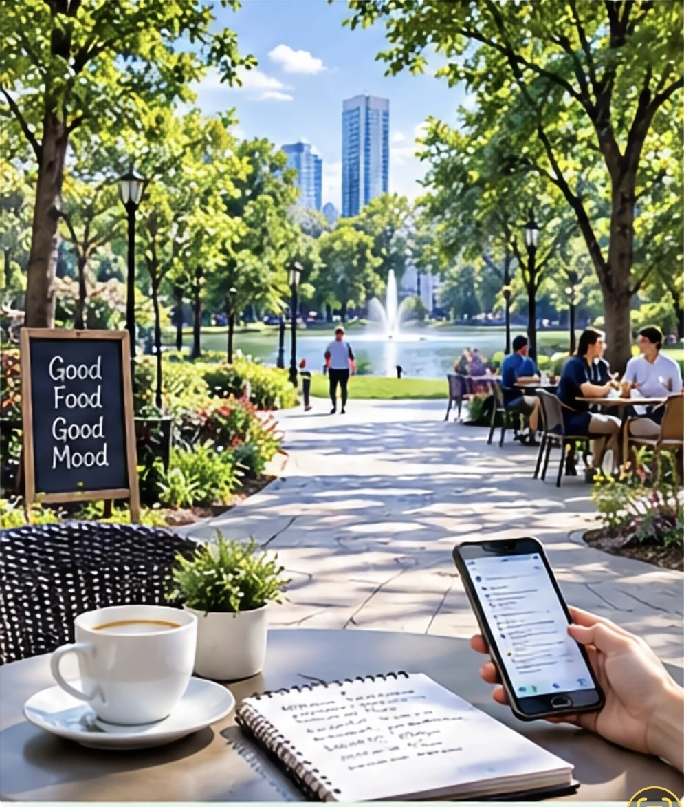 Vision simulation with a premium multifocal lens: the distant park, the mid-range seating and the phone and notebook close up are all sharp