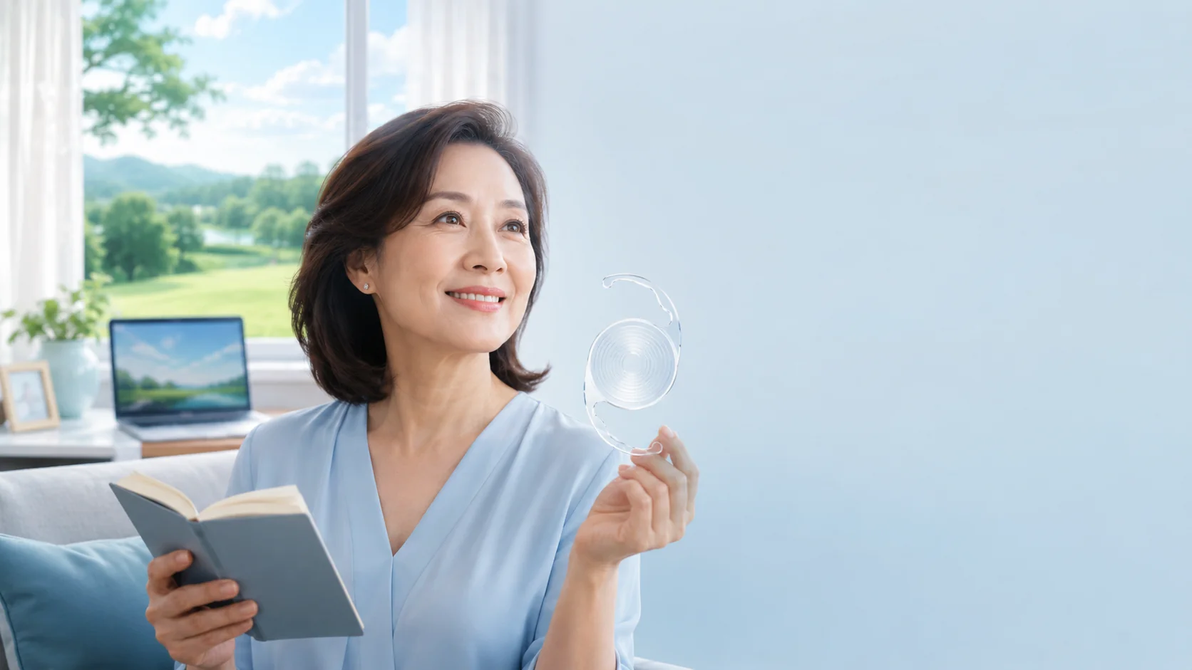 Malaysian woman smiling while holding her glasses, representing trifocal lens exchange