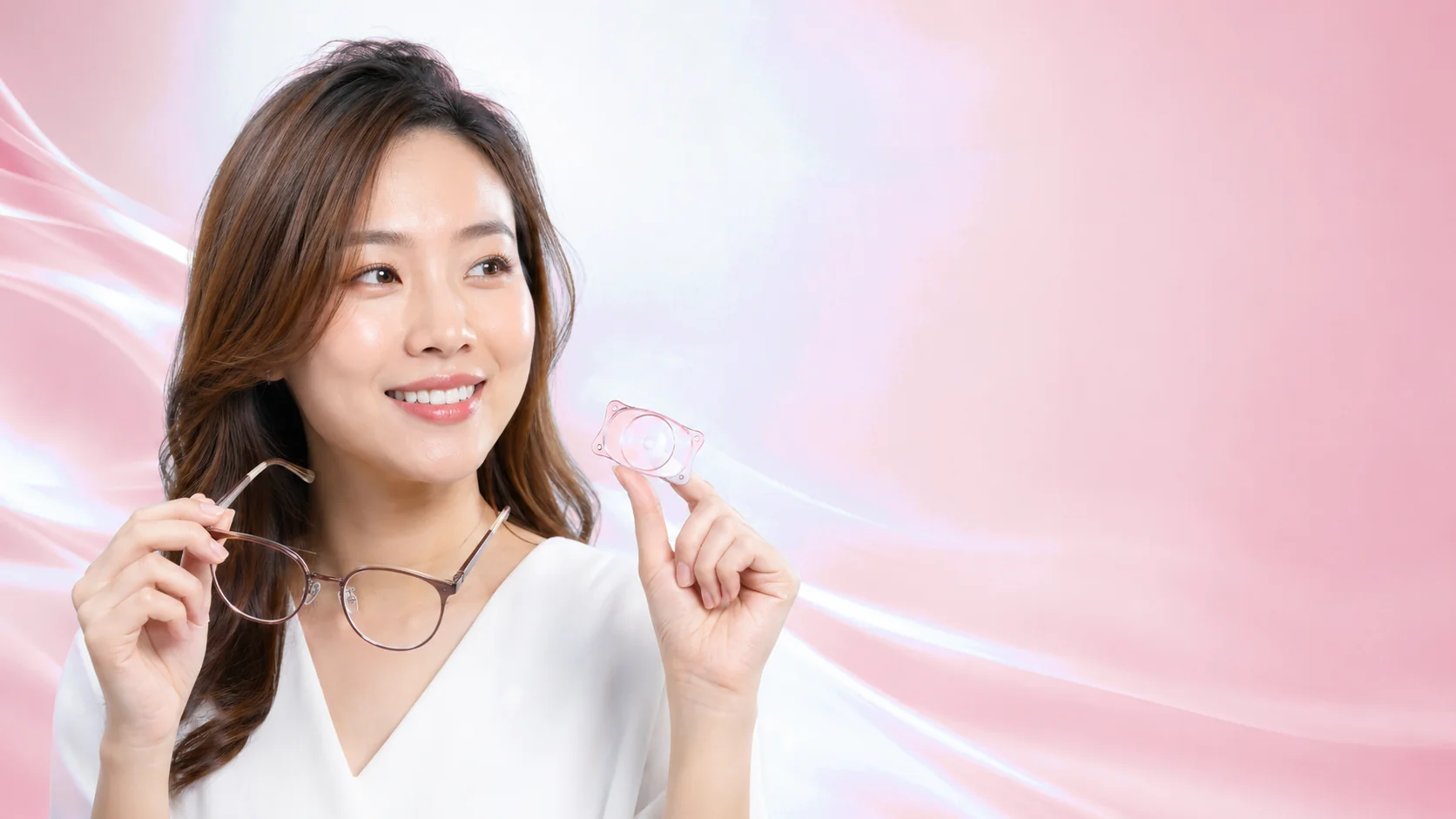 Woman holding her glasses and an implantable contact lens
